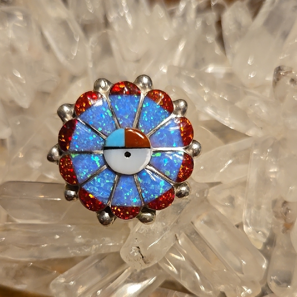 Sterling silver ring with a Sun face design, showcasing vibrant colors inlay. - Picture 5 of 6